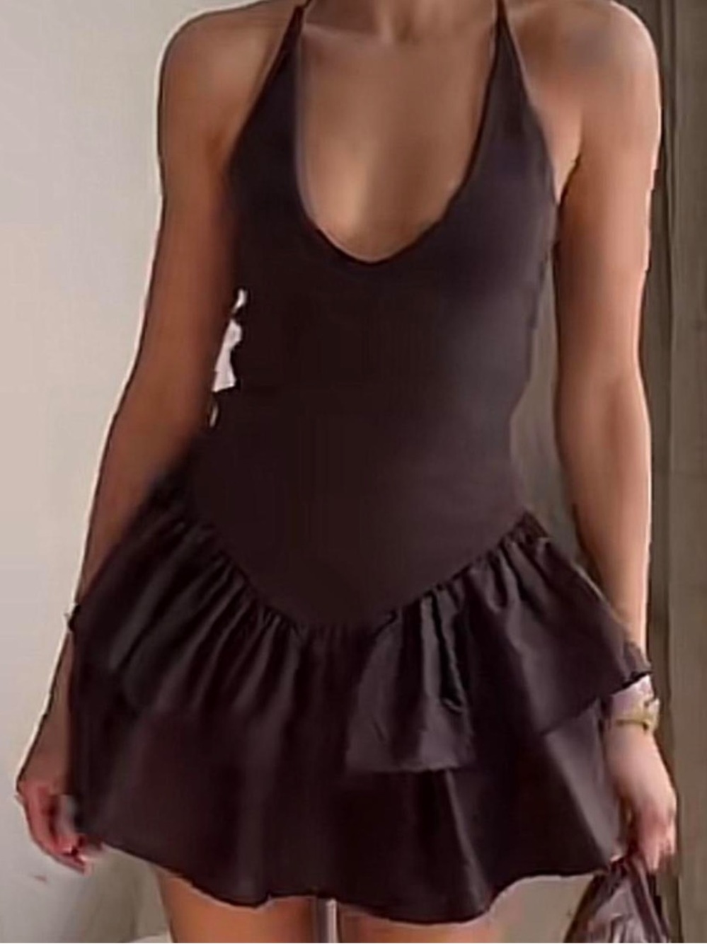 Zara Black Halter Ruffle-Trim Mini Dress